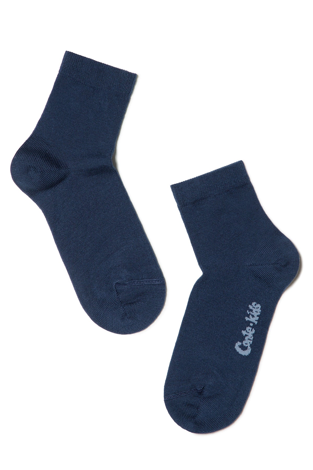 A pair of navy blue crew socks are laid flat against a white background, with the text Conte kids printed in a light blue script on the side of one sock.