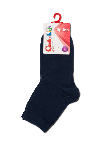 A single dark navy blue sock hanging from a white product tag with a red plastic hanger.