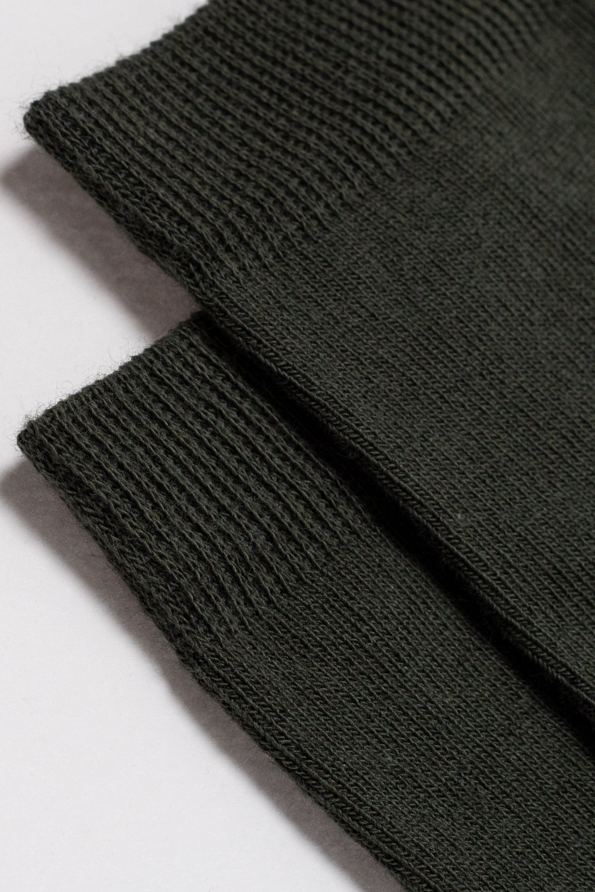 A close-up view of the ribbed dark olive green cuffs of a pair of socks against a plain white background.