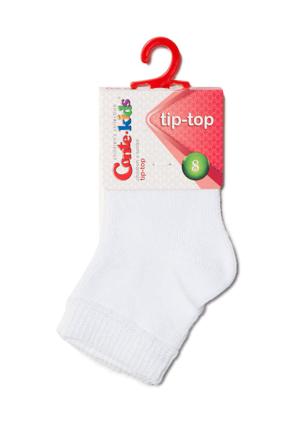 A white ankle sock hangs from a branded product tag with a red plastic hook.