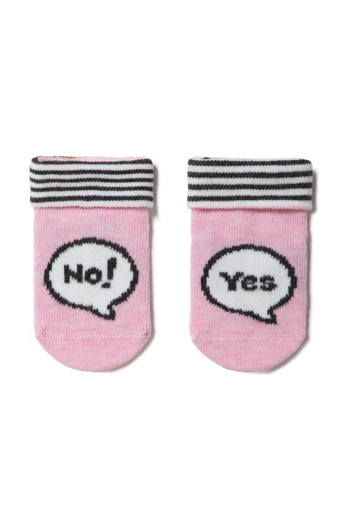 A pair of pink baby socks featuring a black and white striped cuff and a black speech bubble graphic with the text 'No!' on the left sock and 'Yes' on the right sock.