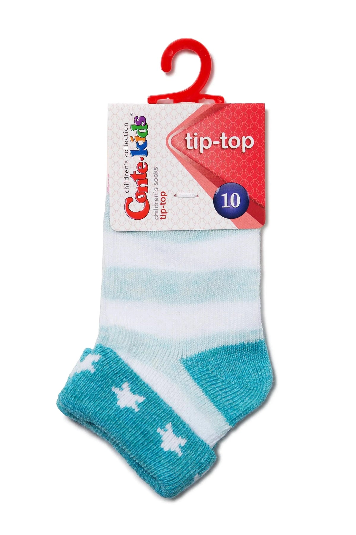 A pair of children's socks featuring horizontal white and light blue stripes on the upper part, with a teal cuff decorated with white star patterns, attached to a branded red and white product hanger.