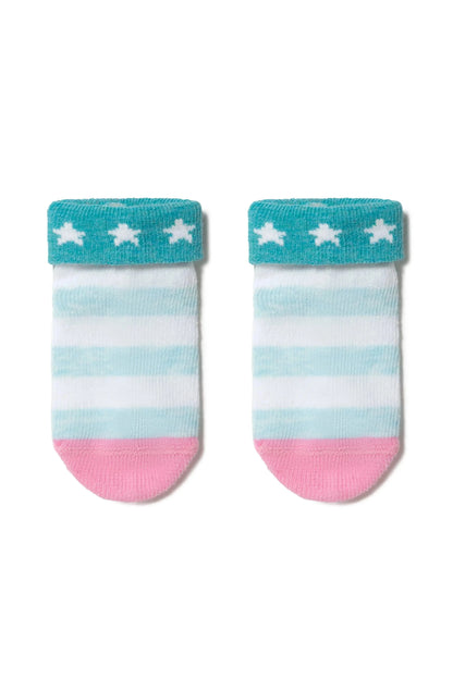A pair of baby socks with a folded teal cuff featuring a repeating white star pattern, white and light blue horizontal stripes on the middle section, and a solid pink toe.