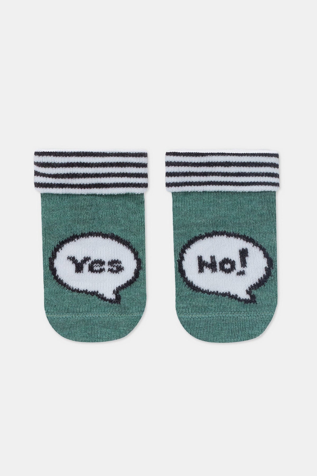 A pair of green socks featuring a speech bubble graphic with the text Yes on the left sock and No on the right sock, finished with a black and white striped ribbed cuff.
