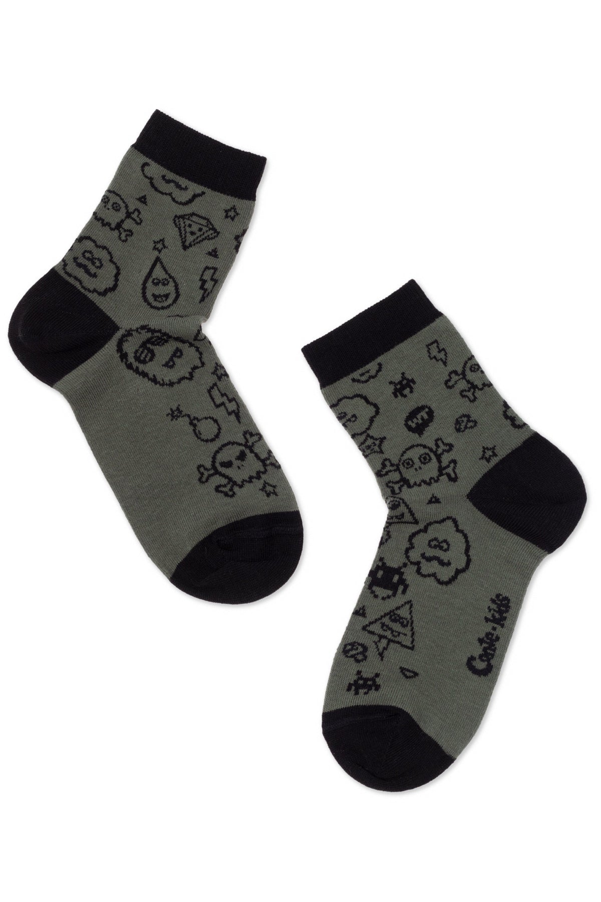 A pair of olive green crew-length socks with black heels, toes, and cuffs featuring a repeating pattern of black outlines of skulls, clouds, lightning bolts, and other small icons, with the brand name Conte-kids printed on the side.