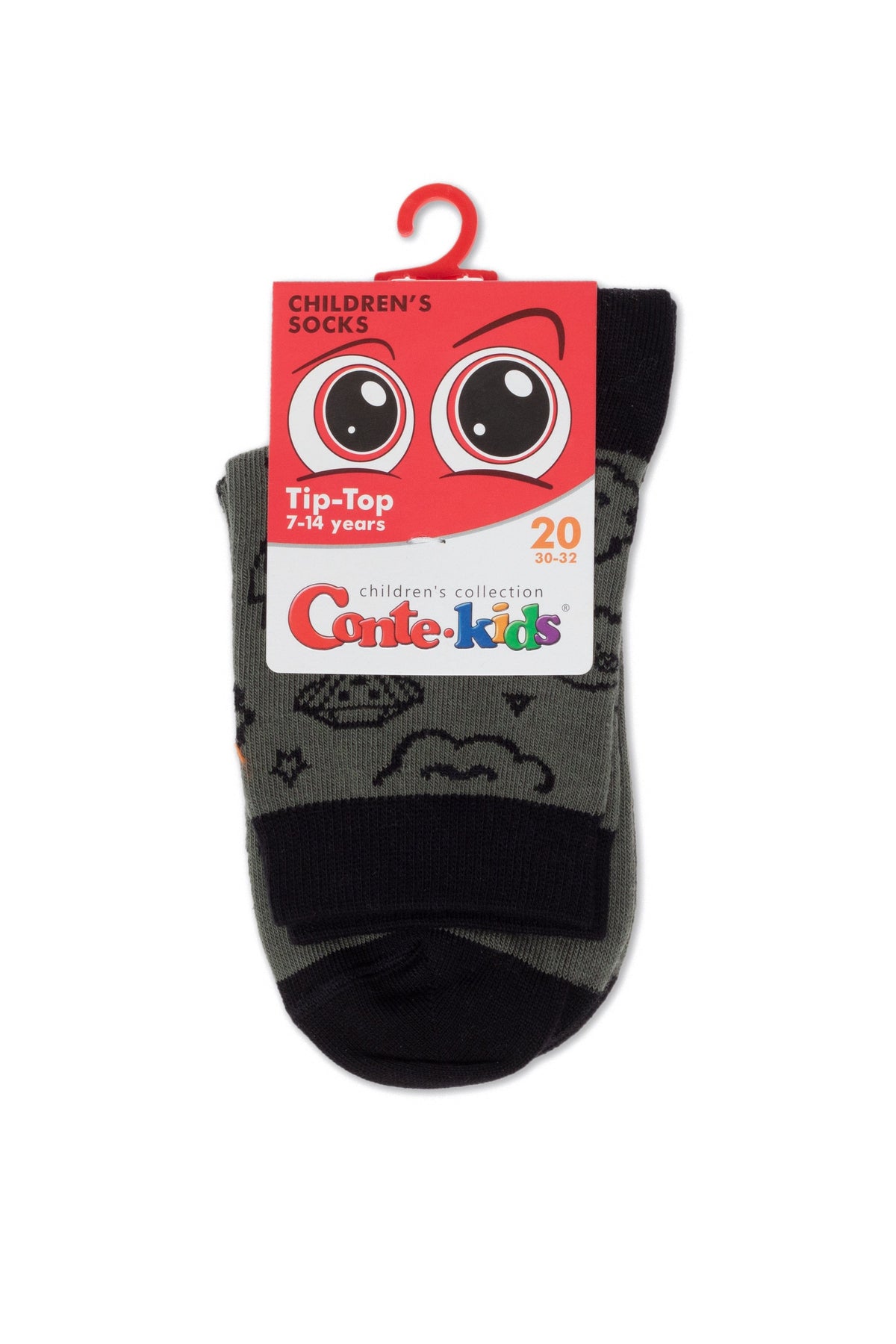 A pair of grey children's socks featuring a pattern of black space-themed icons like UFOs, planets, and stars, packaged with a red cardboard tag displaying cartoon eyes.