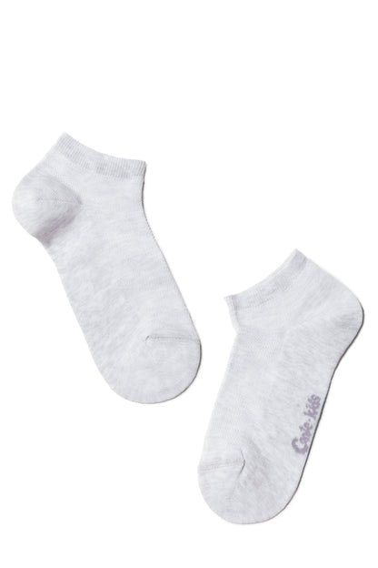 A pair of light gray ankle socks with a subtle heathered texture and the text "Cute kids" printed in small purple lettering on the side.