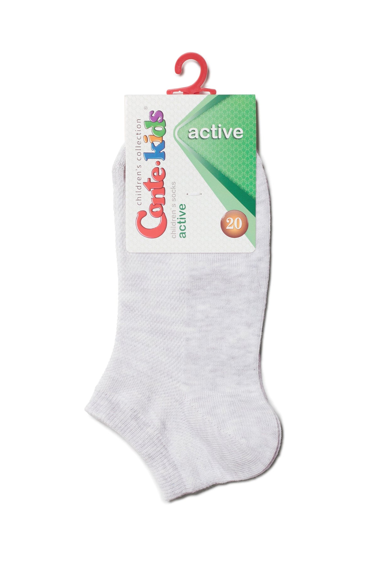 A single light grey ankle sock with a product label attached to the top that includes the brand name and size indicator.