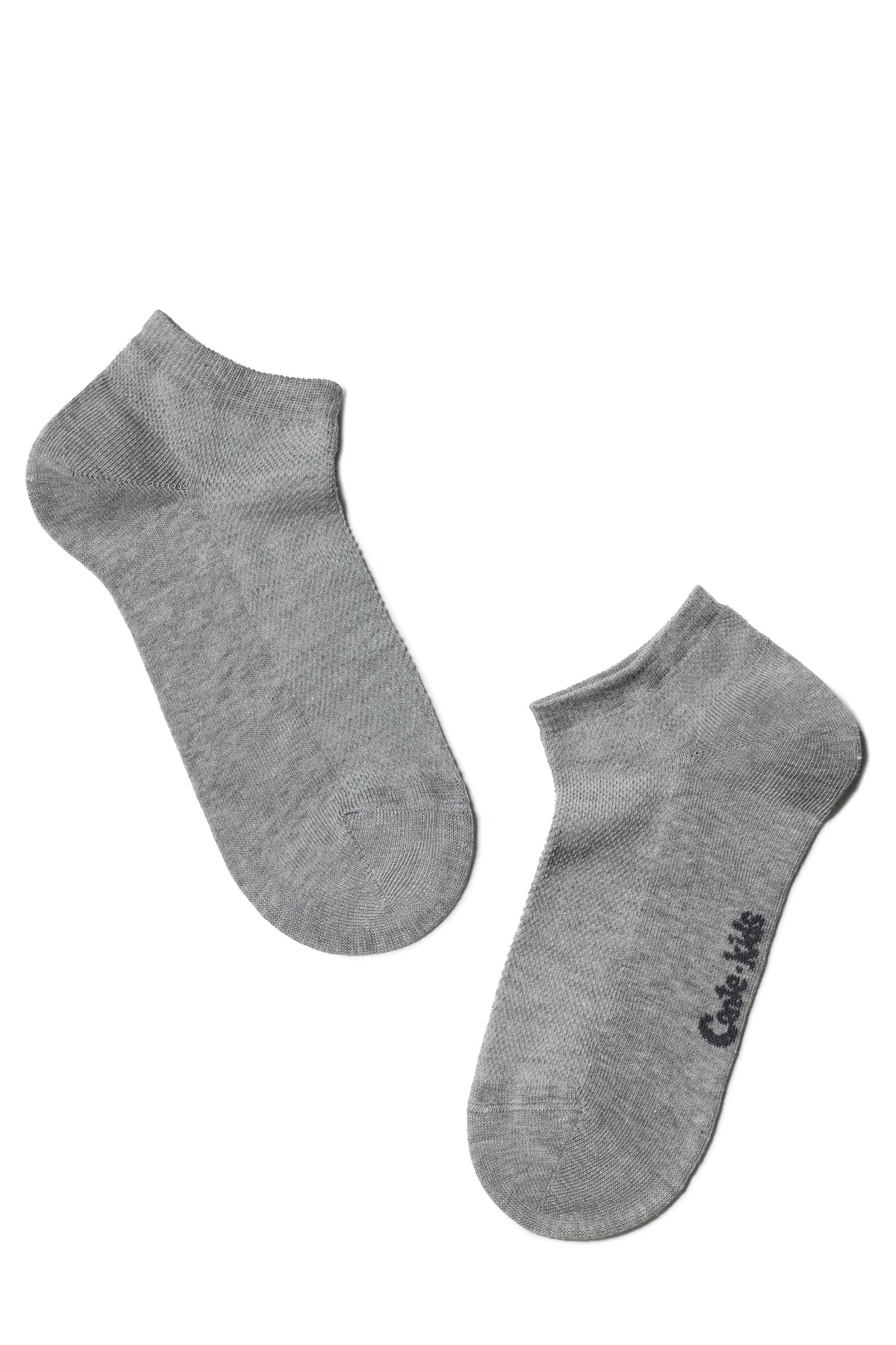 A pair of grey ankle socks with the text "Conte kids" printed in small dark letters on the side of one sock.