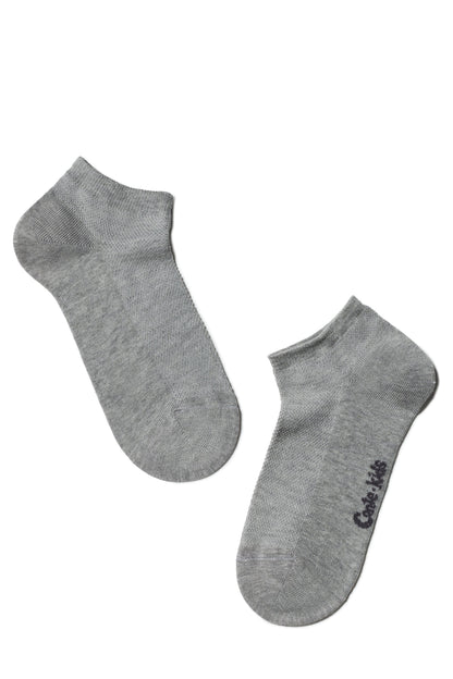 A pair of grey ankle socks with the text "Conte kids" printed in small dark letters on the side of one sock.