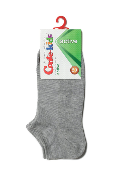 A pair of grey low-cut socks with a white and green branded cardboard display tag attached to the top.