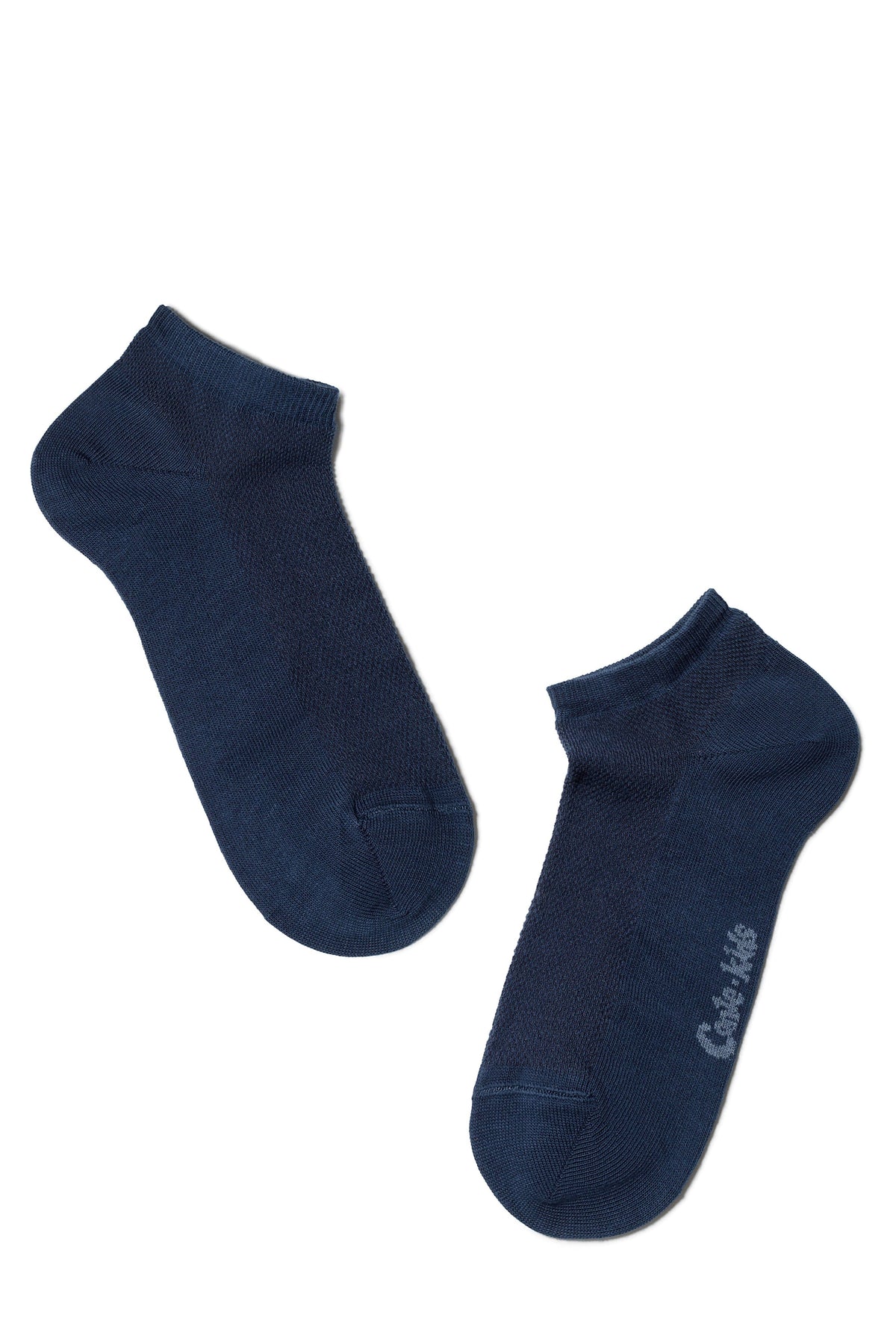 A pair of navy blue ankle socks laid flat against a white background, with the brand name text visible on the side of one sock.