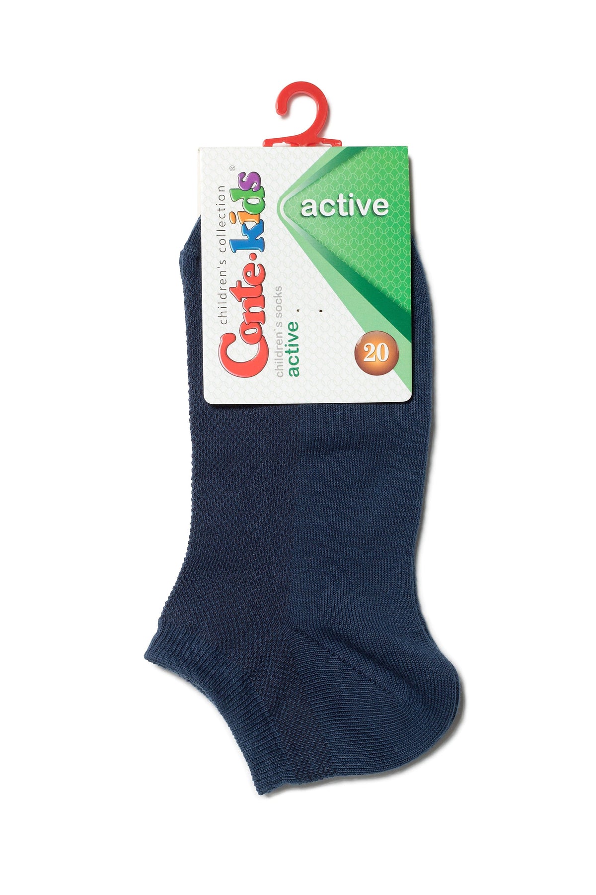 A single dark blue ankle sock hanging from a branded paper product tag with a red plastic hook at the top.
