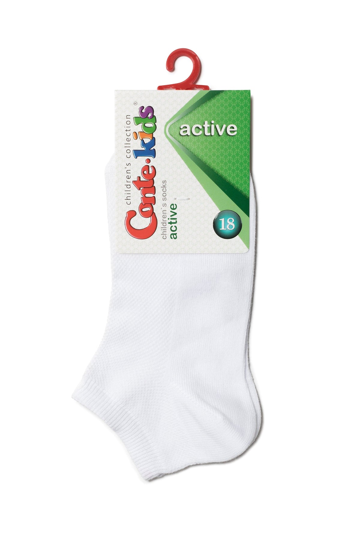 A white ankle sock is attached to a branded product card with a red plastic hanger.