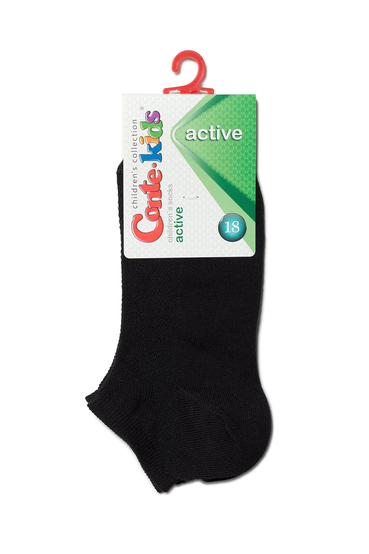 A single black ankle-length sock is attached to a branded product display card with a red plastic hanger.