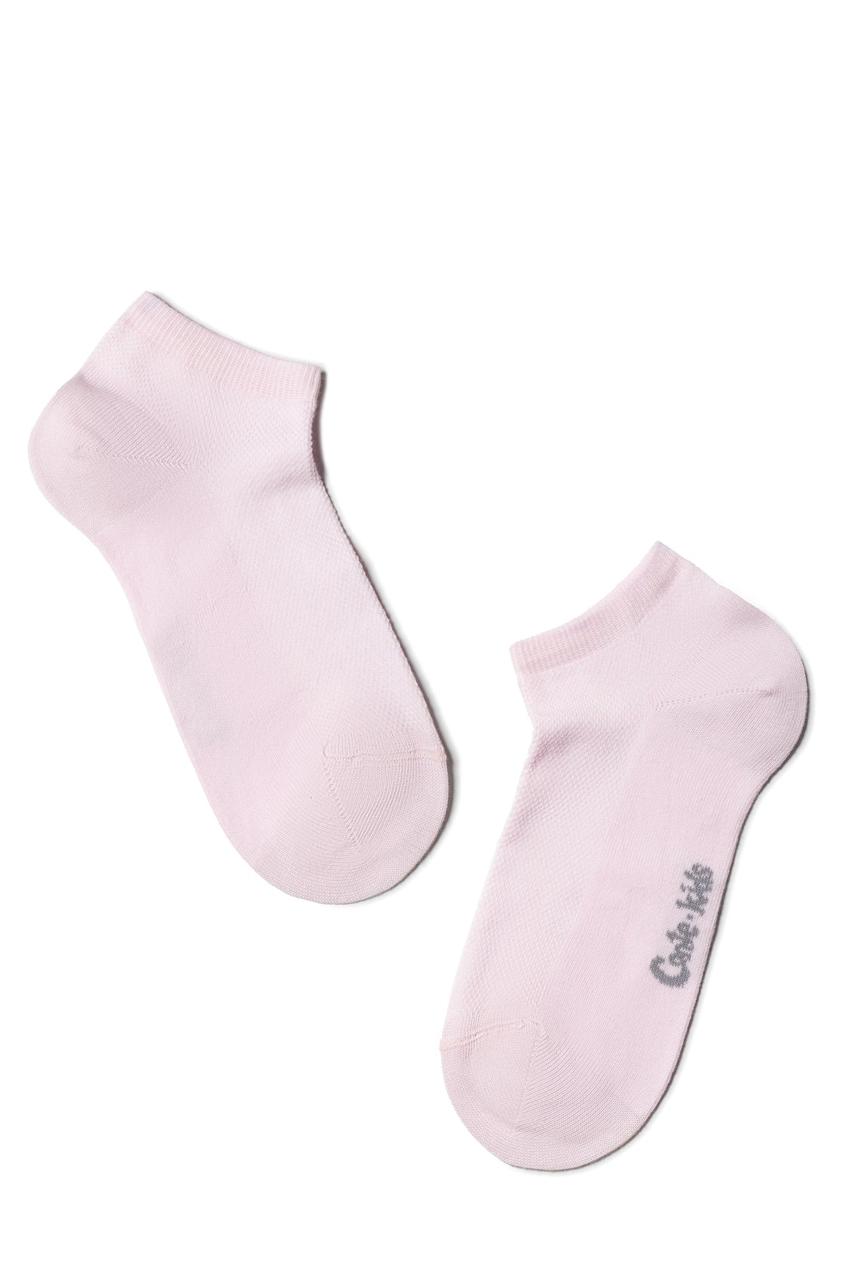 A pair of soft pink ankle socks laid flat against a white background, with a small grey brand logo printed on the side of one sock.