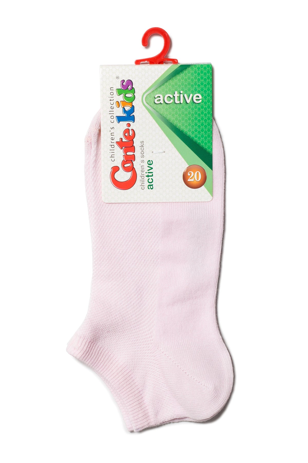 A pair of pale pink ankle socks for children are attached to a branded white and green cardboard header card with a red plastic hook.