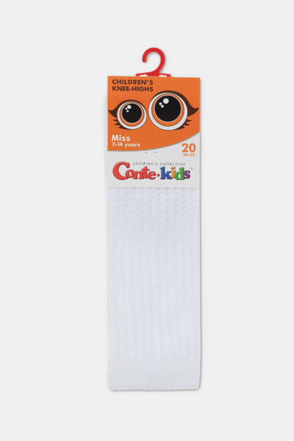 A pair of plain white knee-high socks is displayed on a branded cardboard hanger with a cartoon eye graphic at the top.