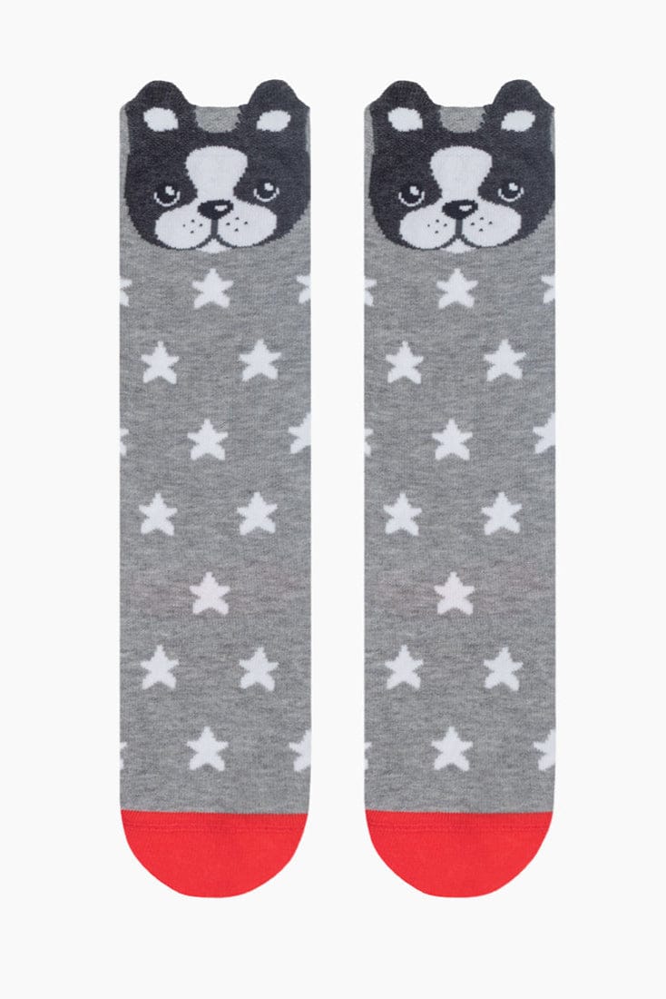 A pair of grey crew socks featuring a repeating pattern of white stars, a red toe, and a cute black and white French bulldog face at the top cuff.