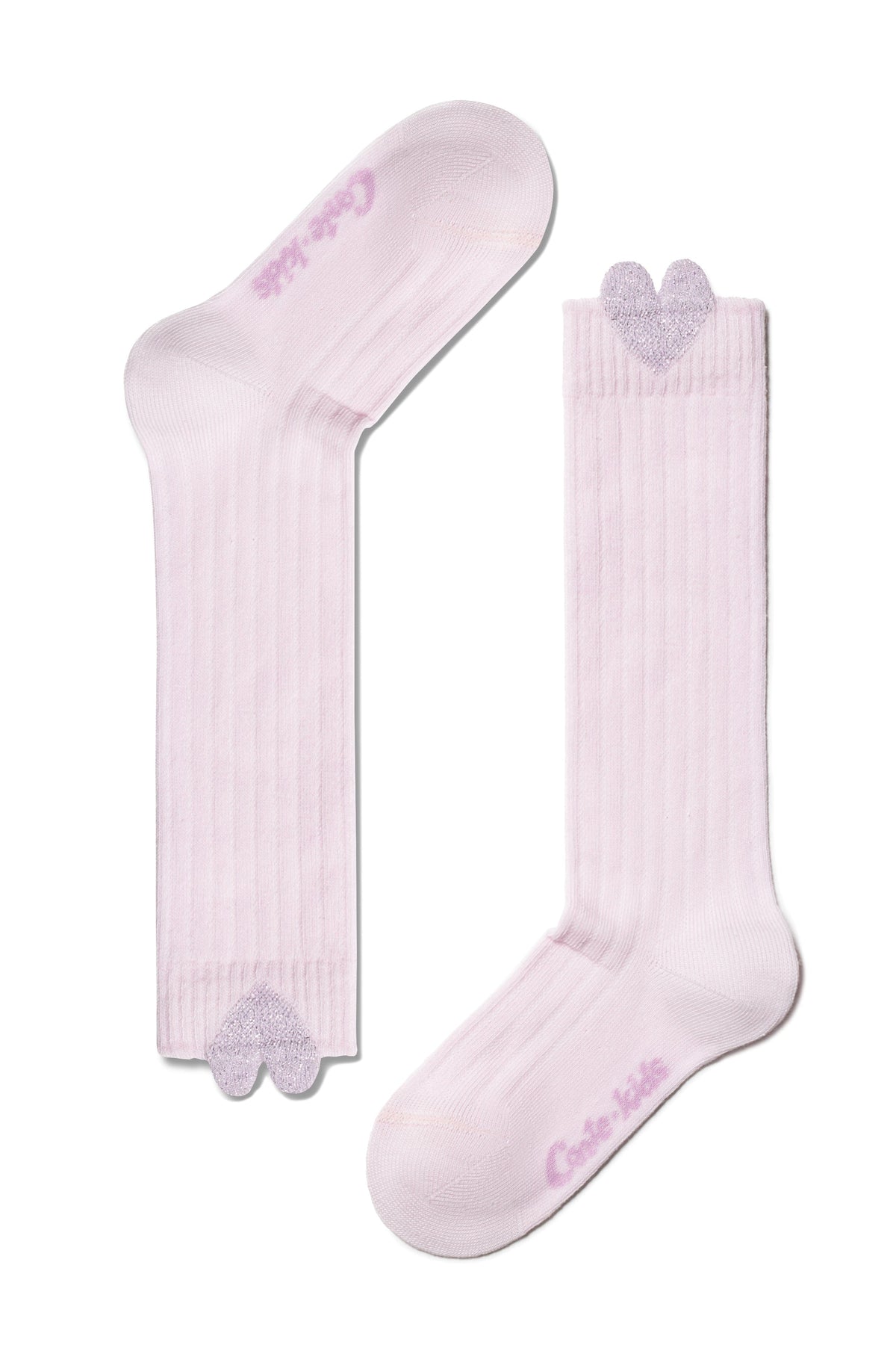 A pair of light pink ribbed socks featuring a small, glittery silver heart detail at the top cuff and branded text on the sole.