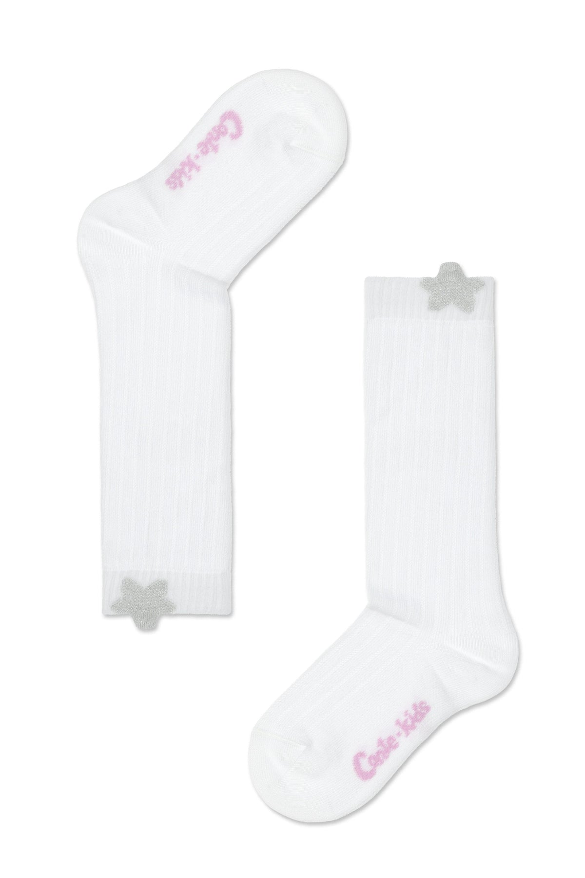 A pair of white ribbed socks featuring a small silver glittery star accent near the top cuff and pink branded text on the sole.