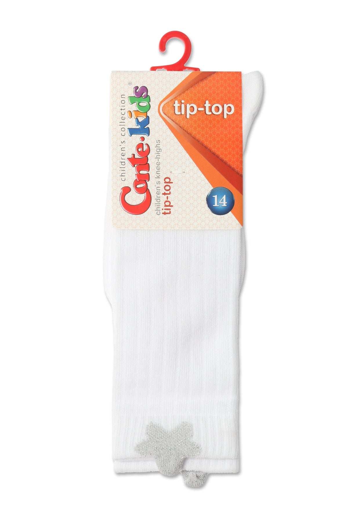 A pair of white knee-high socks hangs on a plastic hanger, featuring a light grey star-shaped detail at the bottom edge.