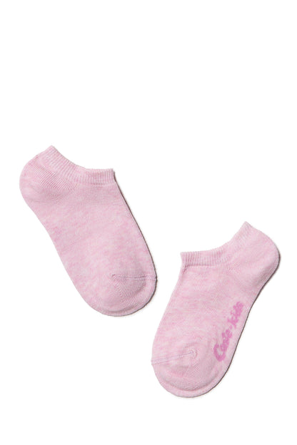 A pair of ankle-length socks in a soft, heathered light pink fabric are laid flat on a plain white background.