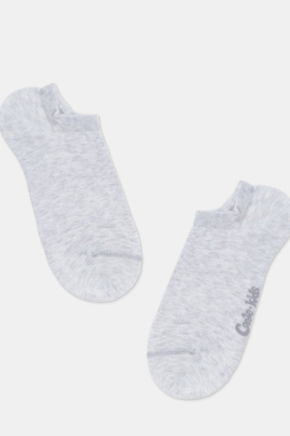A pair of light grey, heathered ankle socks with a small grey logo on one side, displayed against a plain white background.