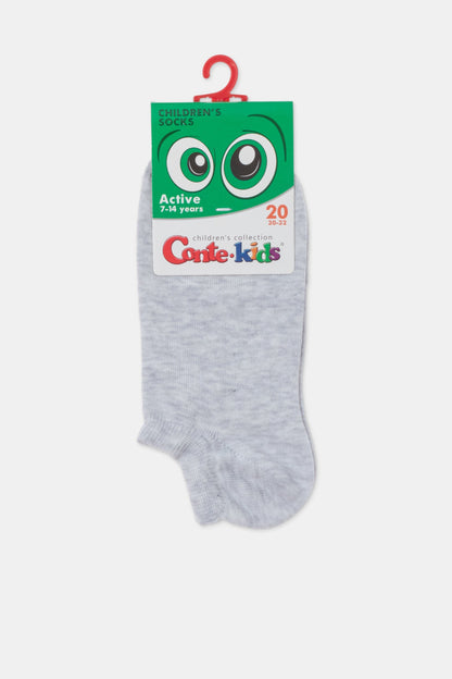 A single gray low-cut ankle sock hanging from a green branded cardboard display tag.