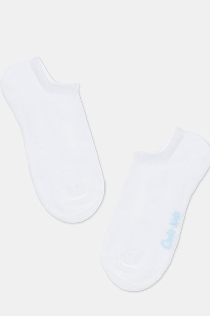 A pair of white ankle socks shown from a top-down view against a light background, with light blue text printed on the side of one sock.
