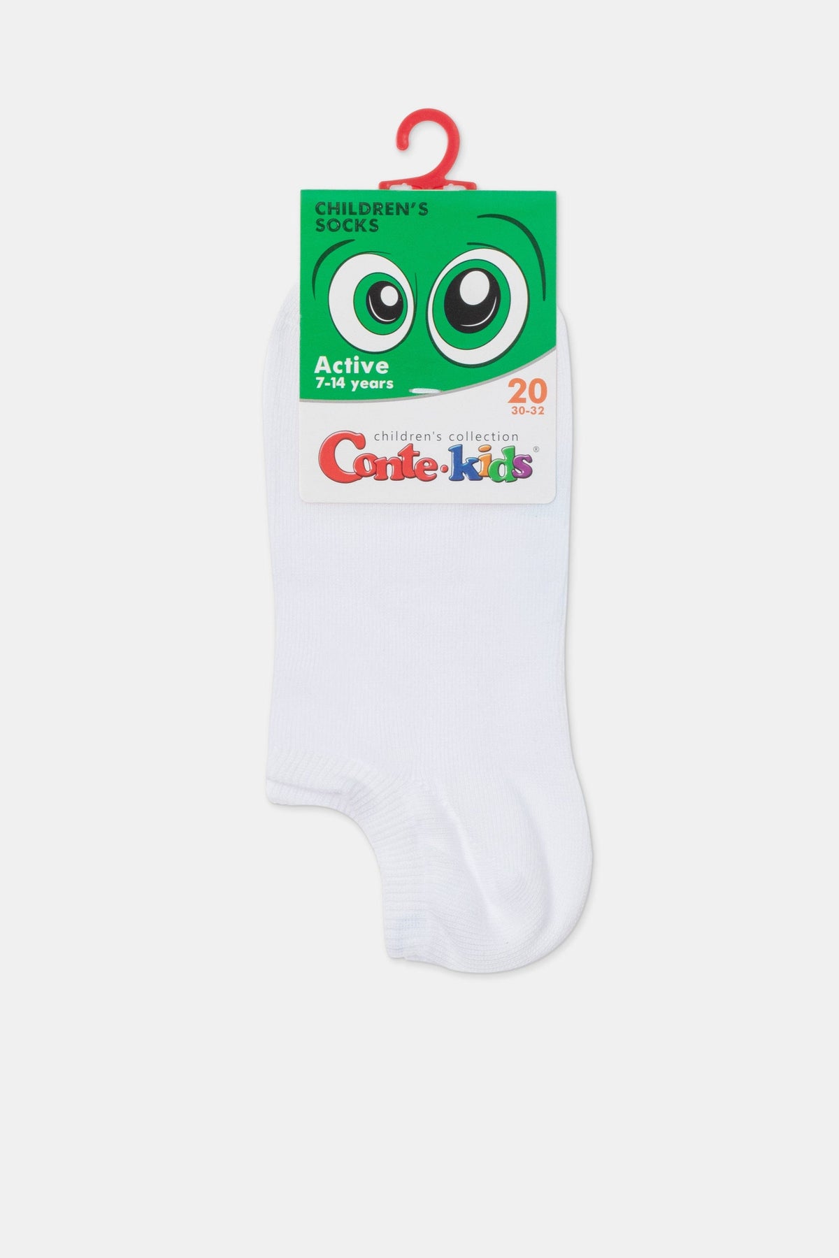 A pair of white ankle socks on a cardboard header card with a green cartoon eye graphic at the top.