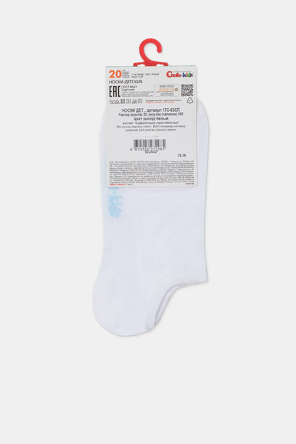 A pair of white children's crew socks hanging from a red plastic tag featuring a printed label with product information.