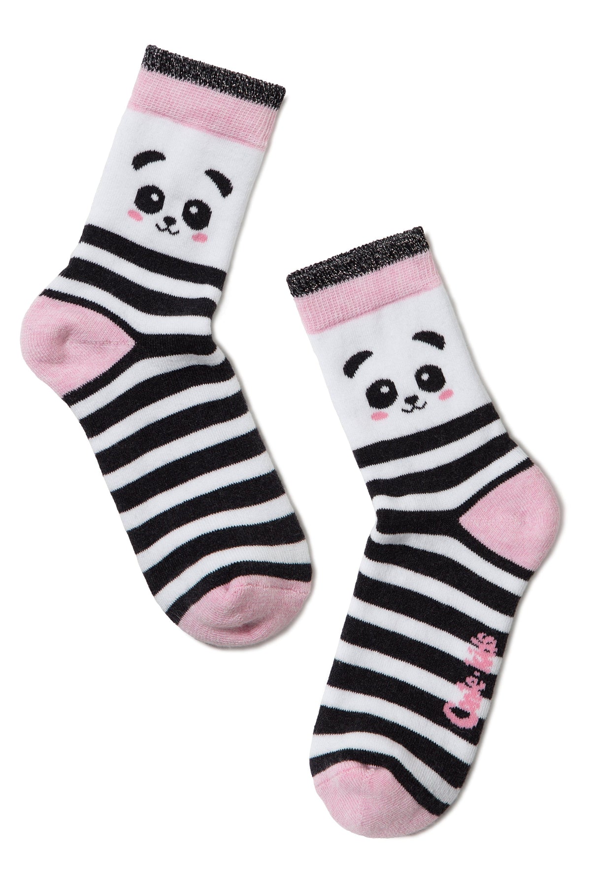 A pair of crew socks featuring a panda face design on white fabric at the top, transitioning into black and white horizontal stripes with pink heels and toes and a pink glittery cuff.