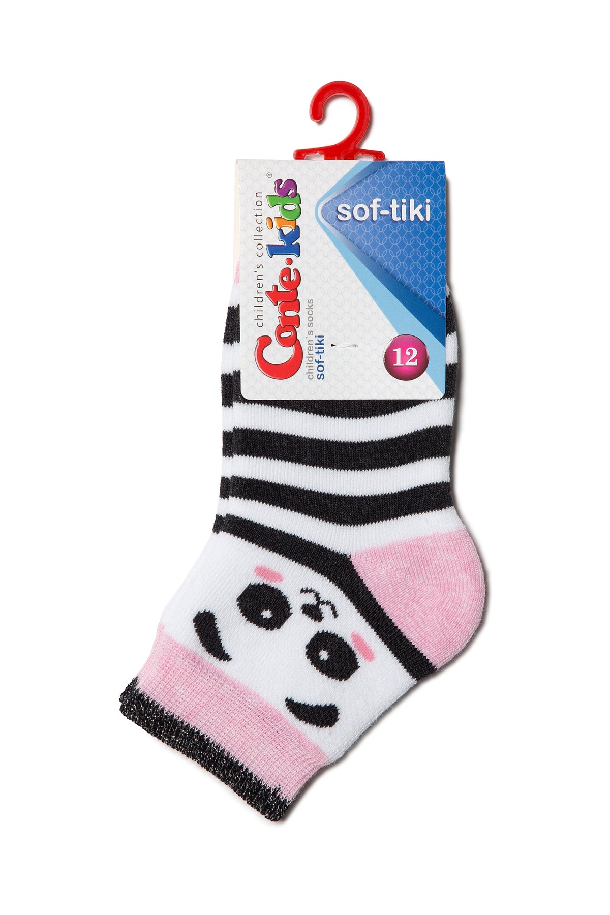 A pair of children's socks featuring a white and black striped pattern with a stylized panda face design on the foot and pink accents at the toe and cuff, attached to a branded cardboard hanger.