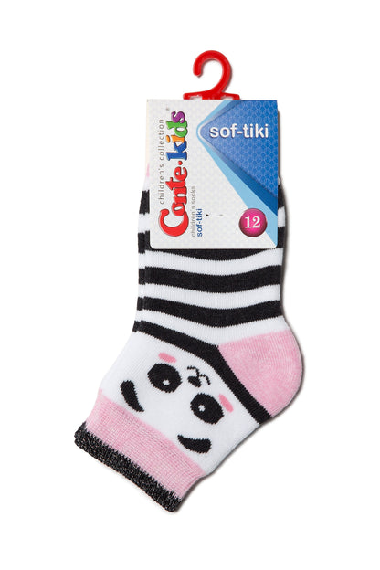 A pair of children's socks featuring a white and black striped pattern with a stylized panda face design on the foot and pink accents at the toe and cuff, attached to a branded cardboard hanger.