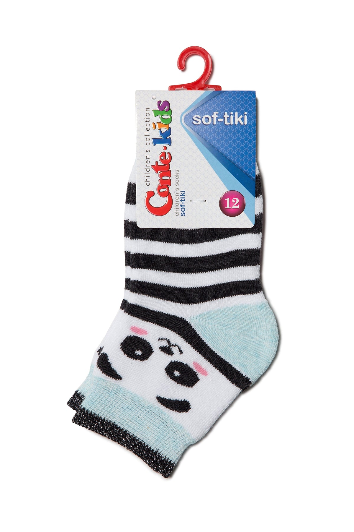 A pair of children's socks featuring a panda face design at the toe, white and black horizontal stripes above, and light blue accents at the heel and cuff, displayed on a cardboard hanger.