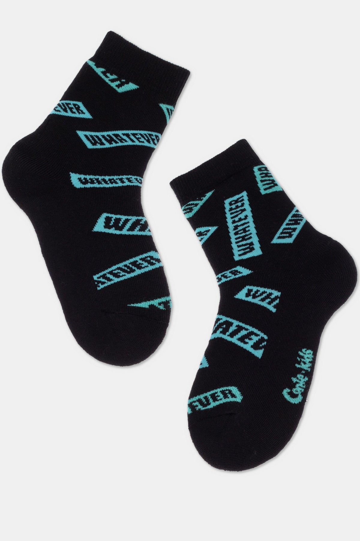 A pair of black ankle socks featuring a repeating cyan-colored graphic pattern of the word WHATEVER in a rectangular box print.