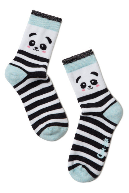 A pair of crew socks featuring a white panda face design on the cuff, followed by black and white horizontal stripes and light blue accents on the toes, heels, and cuffs.