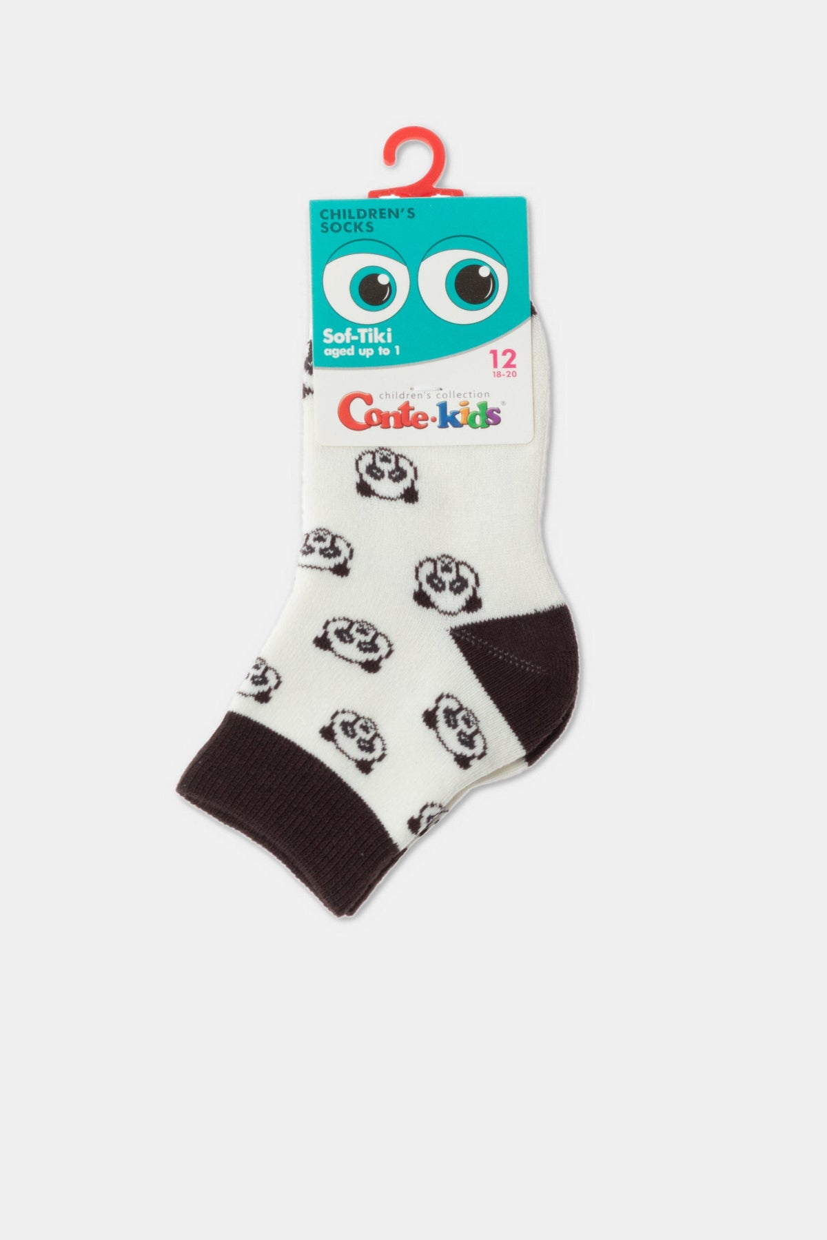 A white children's sock with a brown heel and cuff, decorated with a repeating pattern of small black and white panda bear faces, hangs from a teal cardboard display tag.