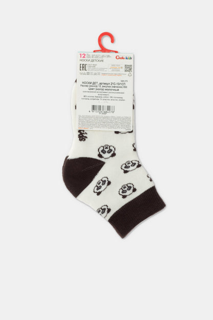 A children's ankle sock in cream white with a repeated black panda face pattern and brown heel and toe trim, displayed on a plastic hanger.