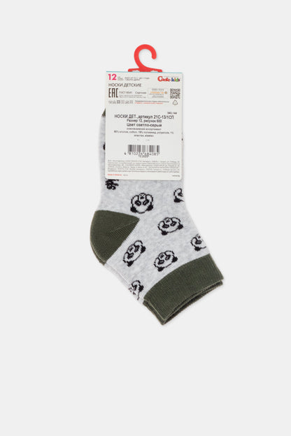 Children's ankle socks in light gray featuring an all-over pattern of small black panda faces, with a solid olive green cuff and heel.