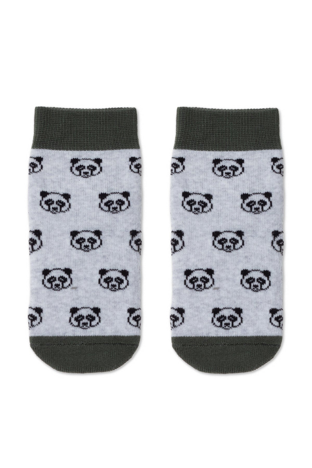 A pair of ankle socks in light grey featuring a repeating pattern of dark grey panda faces with dark green ribbed cuffs and toe sections.