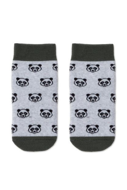 A pair of ankle socks in light grey featuring a repeating pattern of dark grey panda faces with dark green ribbed cuffs and toe sections.