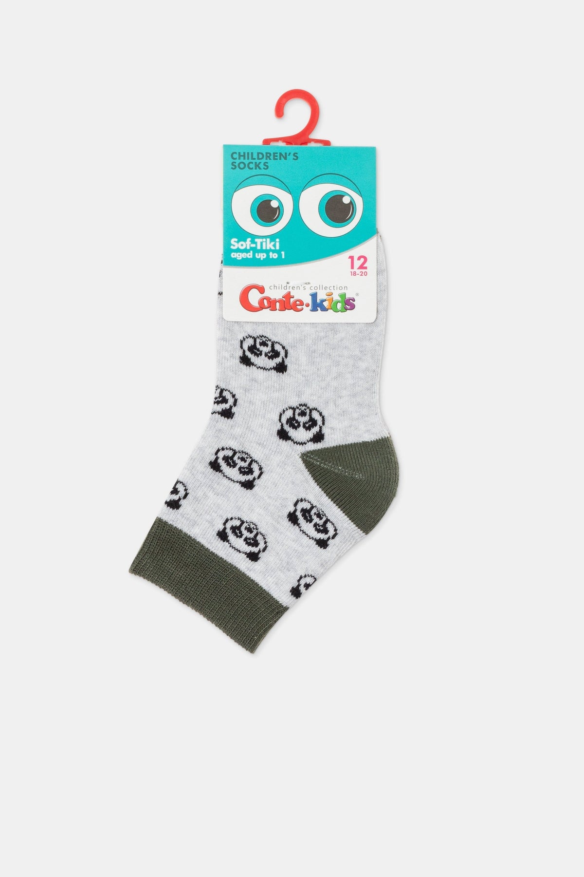 A pair of grey children's ankle socks featuring a repeating panda bear pattern with a dark green heel and cuff, displayed on a cardboard hanger.