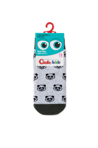 A pair of light grey children's socks featuring a repeated black panda face pattern with a dark grey heel and toe, displayed on a product card.