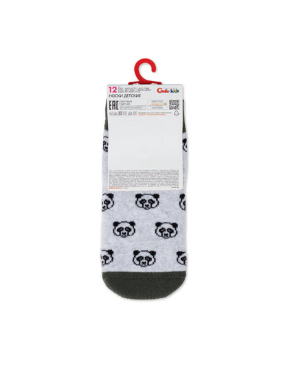 A pair of grey baby socks featuring a repeating black panda face pattern, displayed flat with a cardboard header tag hanging from the top.