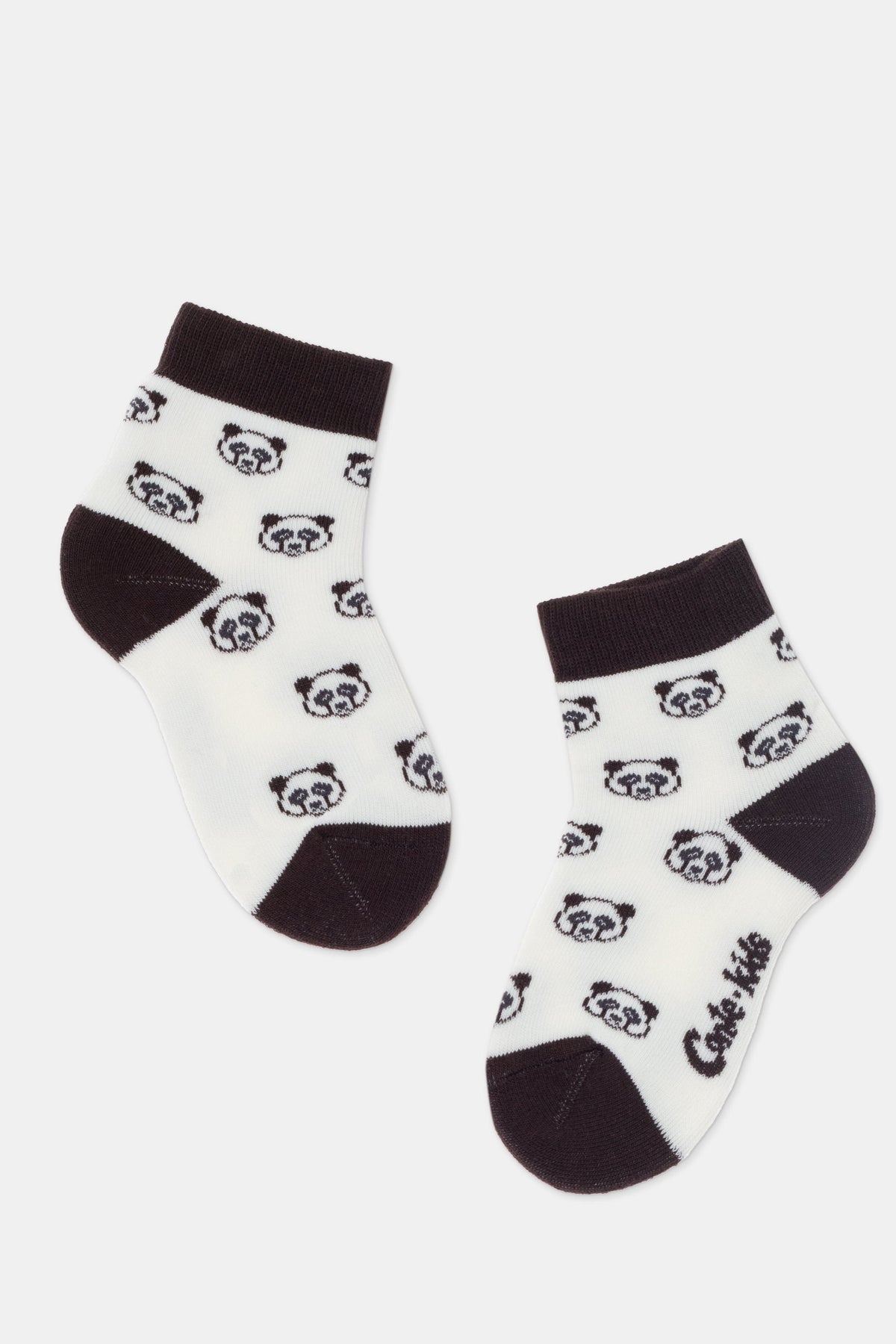 A pair of white ankle socks featuring a repeated black panda face pattern, with solid black trim at the cuffs, heels, and toes.