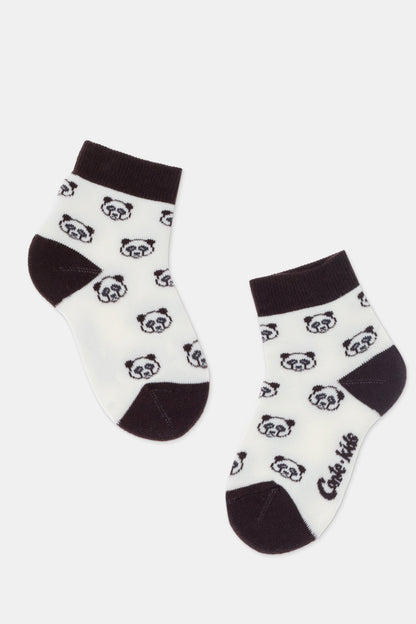 A pair of white ankle socks featuring a repeated black panda face pattern, with solid black trim at the cuffs, heels, and toes.