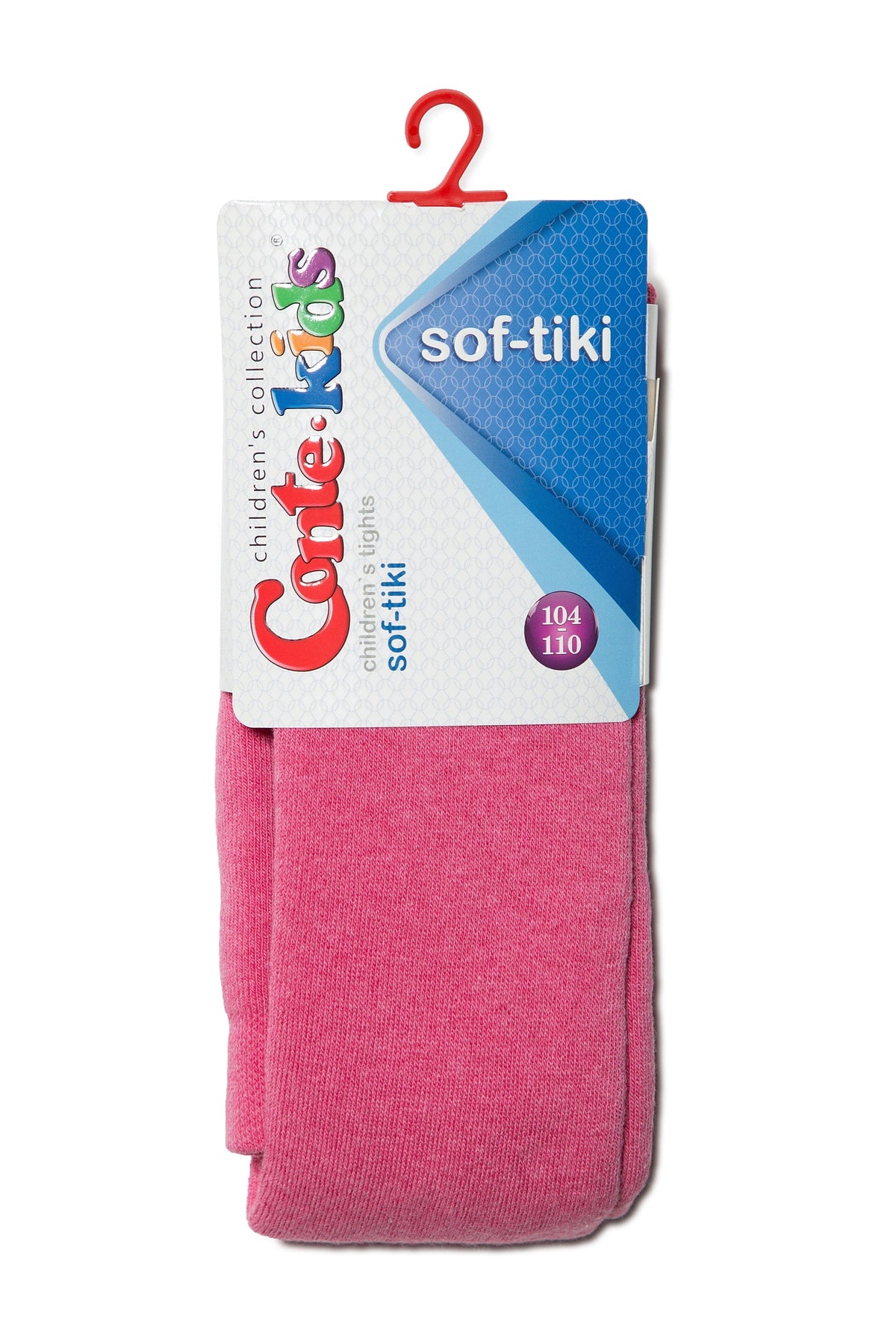 Pink children's tights hang from a red plastic hook against a white background, featuring a cardboard brand label at the top with a size indicator of 104-110.