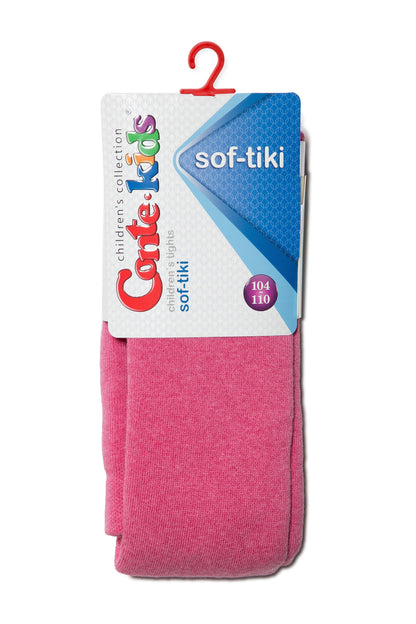 Pink children's tights hang from a red plastic hook against a white background, featuring a cardboard brand label at the top with a size indicator of 104-110.